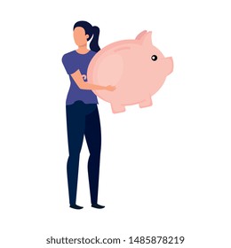 young woman with piggy savings character