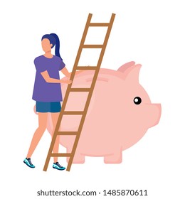 young woman with piggy savings and stairs