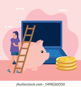young woman with piggy savings and stairs