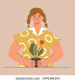 Young woman with pigtails holding plant. Cute character loves nature, takes care of home flower. Eco friendly, nature conservation concept. Vector illustration in flat style