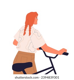 Young woman with pigtails standing, hold bike back view. Pedestrian cyclist moves bicycle. Redhead girl with urban eco transport walking in city. Flat isolated vector illustration on white background