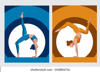 Young Woman Pilates, Yoga Poses Silhouette Vector Flat Illustration