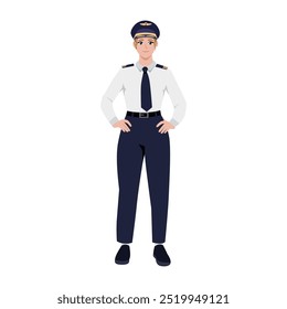 Young woman pilot in flying uniform. Flat vector Character illustration