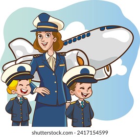 young woman pilot and kid pilots in uniform with airplane vector illustration graphic design