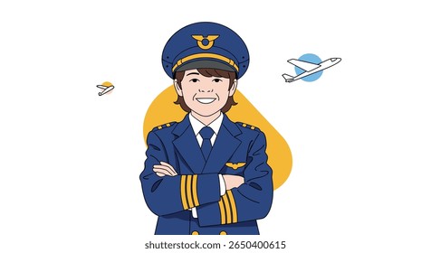 Young woman pilot in uniform with arms crossed ready for flight training career path