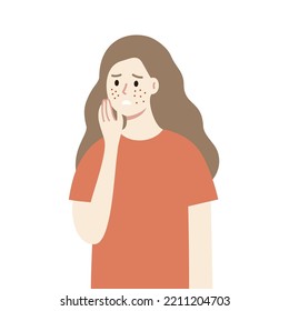 Young woman with pimple on face cheeks. Girl worrying about skin problem. Beauty, cosmetic, skincare, treatment, daily routine, self-care, hygiene concept. Flat character vector design illustration.