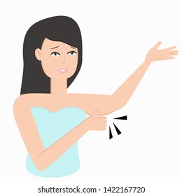 Young woman pinching fat on her upper arm. Flat style vector illustration