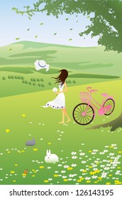 young woman with pink bike on mountain