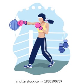 Young woman in pink boxing gloves trains in the ring. Illustration of female boxing, sports, and healthy lifestyle. Vector illustration.