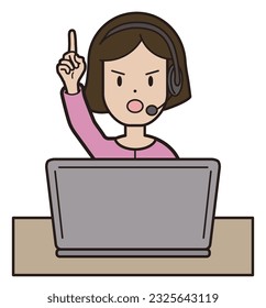 Young woman in pink clothes answering the phone while typing on a computer call center angry face pointing up this