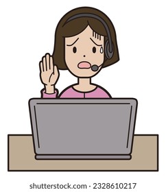 A young woman in pink clothes answering the phone while typing on a computer call center troubled face raises her hand