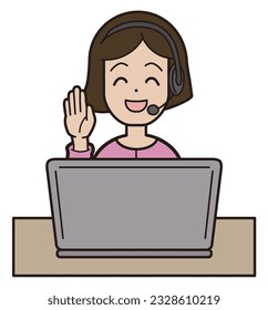 A young woman in pink clothes answering the phone while typing on a computer Call center Smile Raise your hand