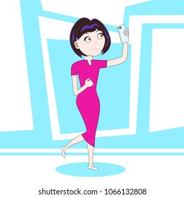 Young Woman In Pink Dress Holding Cell Smart Phone Cartoon Character