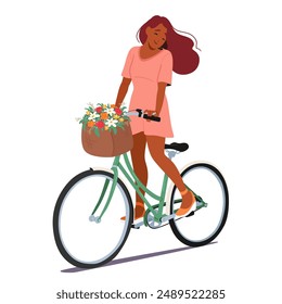 Young Woman In A Pink Dress Riding A Bicycle With A Basket Full Of Colorful Flowers. Vector Illustration Exudes A Sense Of Joy, Freedom, And Leisure On A Beautiful Day With Cartoon Female Character