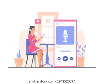 Young woman in pink dress sits at cafe table drinking coffee and listening to podcast using smartphone. Podcast, online radio, audiobook listener concept. Flat vector illustration