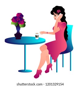 Young woman in pink dress sitting at the table in a cafe and talking on the phone