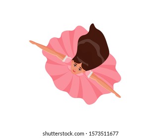 Young Woman In Pink Dress Spinning Around. Beautiful Woman With Long Hair. Top View. Female Cartoon Character. Colorful Vector Illustration