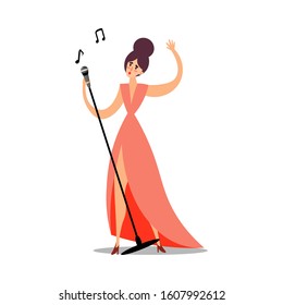 Young woman in pink dress standing and singing vector illustration