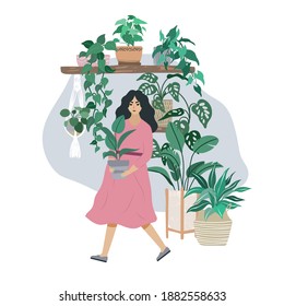 Young woman in pink dress takes care about home plants, urban jungle trendy room interior, hand drawn vector flat illustration.