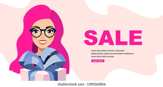 Young woman with pink hair holding gift box. Sales discount. Vector illustration.
