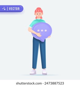 Young woman with pink hair holding big purple speech bubble icon in isolated background. 3D style vector illustration. Chatting and message concept