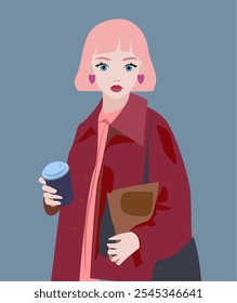  A young woman with pink hair holding a coffee cup, stylish and confident in a red coat. Perfect for themes of fashion and urban lifestyle