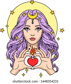 Young woman with pink hair making heart sign with her hands. Magical, mystical style. Vector illustration isolated on a white background
