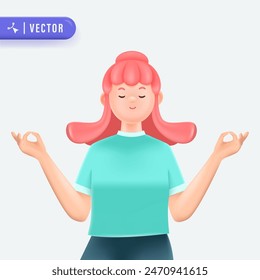 Young woman with pink hair meditate in isolated background vector illustration. 3d vector people character illustration.