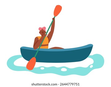 Jovem mulher com cabelo rosa pás uma canoa azul em um dia bonito, desfrutando da tranquilidade da natureza e se envolvendo em caiaque recreativo