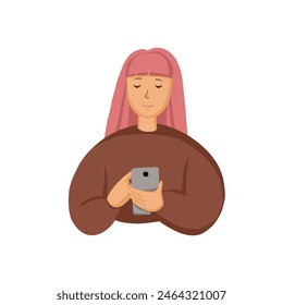 Mujer joven con cabellos rosados en una sudadera marrón está leyendo las noticias por teléfono. Ilustración vectorial plana sobre fondo blanco.