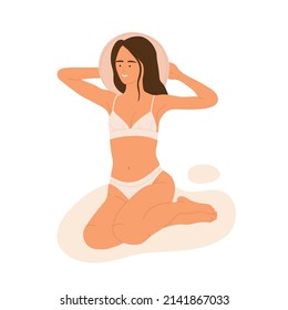 Young woman in a pink hat is sitting on the sand and sunbathing. Resting girl on the beach. Summer vacation aesthetic. Vector illustration in cartoon style. Isolated white background.