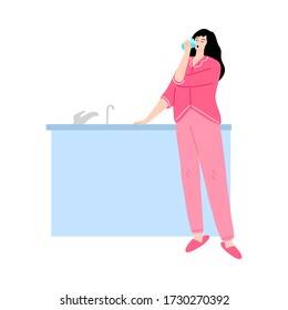 The young woman in pink home clothes standing with a glass of water in the kitchen. Vector illustration in cartoon style