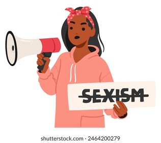 Young Woman In A Pink Hoodie Passionately Addresses Issues Of Sexism, Holding A Sign While Speaking Into A Megaphone. Vector Illustration Encapsulates Empowerment, Activism, Fight For Gender Equality