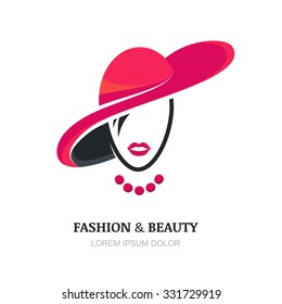 Young woman with pink lips in fashion hat and necklace. Abstract vector logo design template with girl silhouette. Concept for beauty salon, accessories, fashion, cosmetics. 