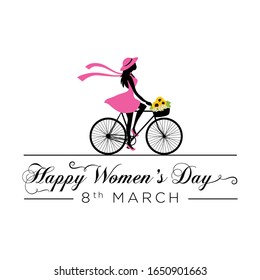 Young woman in pink outfit riding bicycle with floral basket, vector Woman's Day greeting 