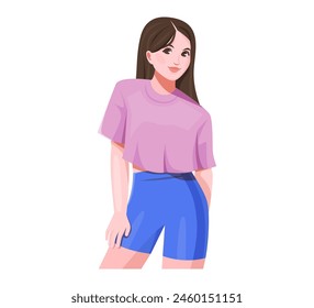 Mujer joven en camisa rosa y pantalones cortos azules. Ilustración vectorial de dibujos animados de una chica en ropa deportiva. Concepto de moda de verano casual.