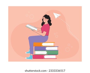 Young woman in pink shirt with long hair reading a book. Sitting on stacked ledgers and flying paper planes. Design vector. Flat illustration