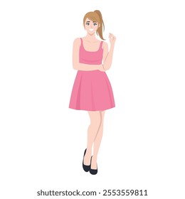 Young woman in a pink summer dress. Flat vector Character Illustration