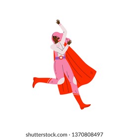 Young Woman in Pink Superhero Costume and Red Cape, Super Girl Character Vector Illustration