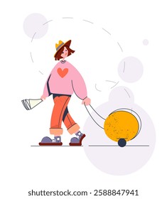 A young woman in pink sweater with a heart design, orange pants, and a yellow hat walks carrying newspapers and pulling round yellow suitcase. Abstract background. Travel concept. Vector illustration