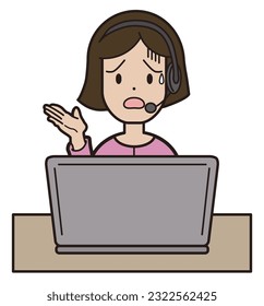 A young woman in pink who answers the phone while typing on a computer call center troubled face This is