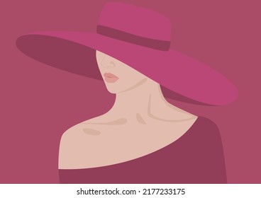 Young woman with a pink wide brim hat covering her face. A strong and confident white woman on a pink background