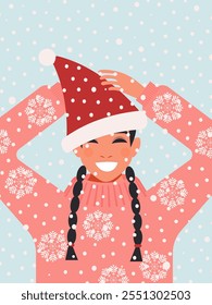 A young woman in a pink winter sweater and a red hat with a bubo enjoys the snowfall and New Year holidays, improving her mental health. Vector.