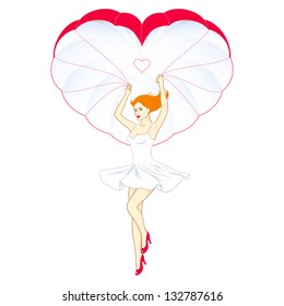 Young woman in pin-up style is flying with parachute in heart sh