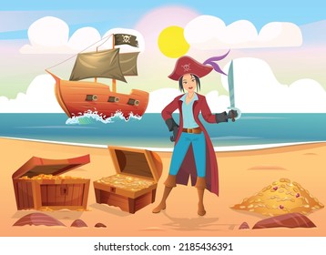 Young woman in pirate costume holding sword standing near open treasure chest on beach in front of pirate ship