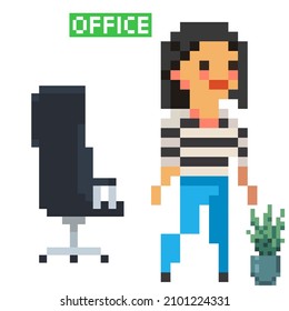 A young woman. Pixel art icon. Old school computer graphic. 8 bit video game. vector pixel art - person in office isolated on white background.