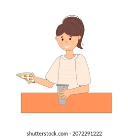 Young woman with pizza. Snack or business lunch in cartoon style. Vector illustration on an isolated background