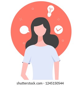 The young woman is planning a day. Around the message icon, ideas, done.