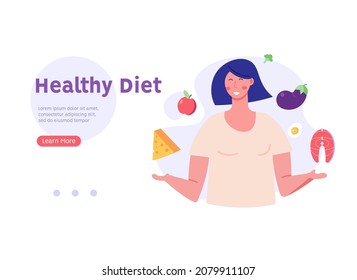 Young woman planning diet. Person with special dietary needs. Concept of health diet, healthy habits, diet plan. Girl doing dietary choice. Vector illustration in modern flat cartoon design