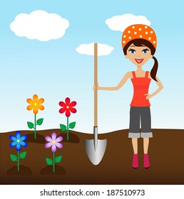 young woman plant flower in soil, vector illustration
